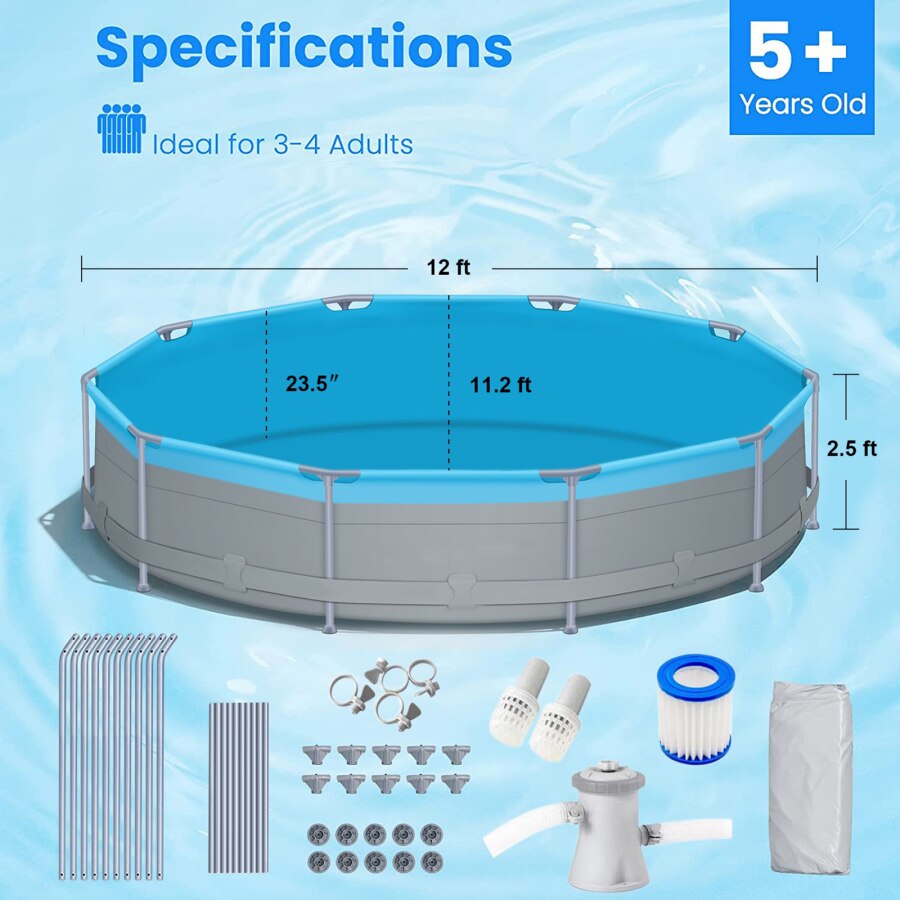 Ground Swimming Pools with Pump 12ft x 12ft x 30inch for Family Water Sport Backyard Garden